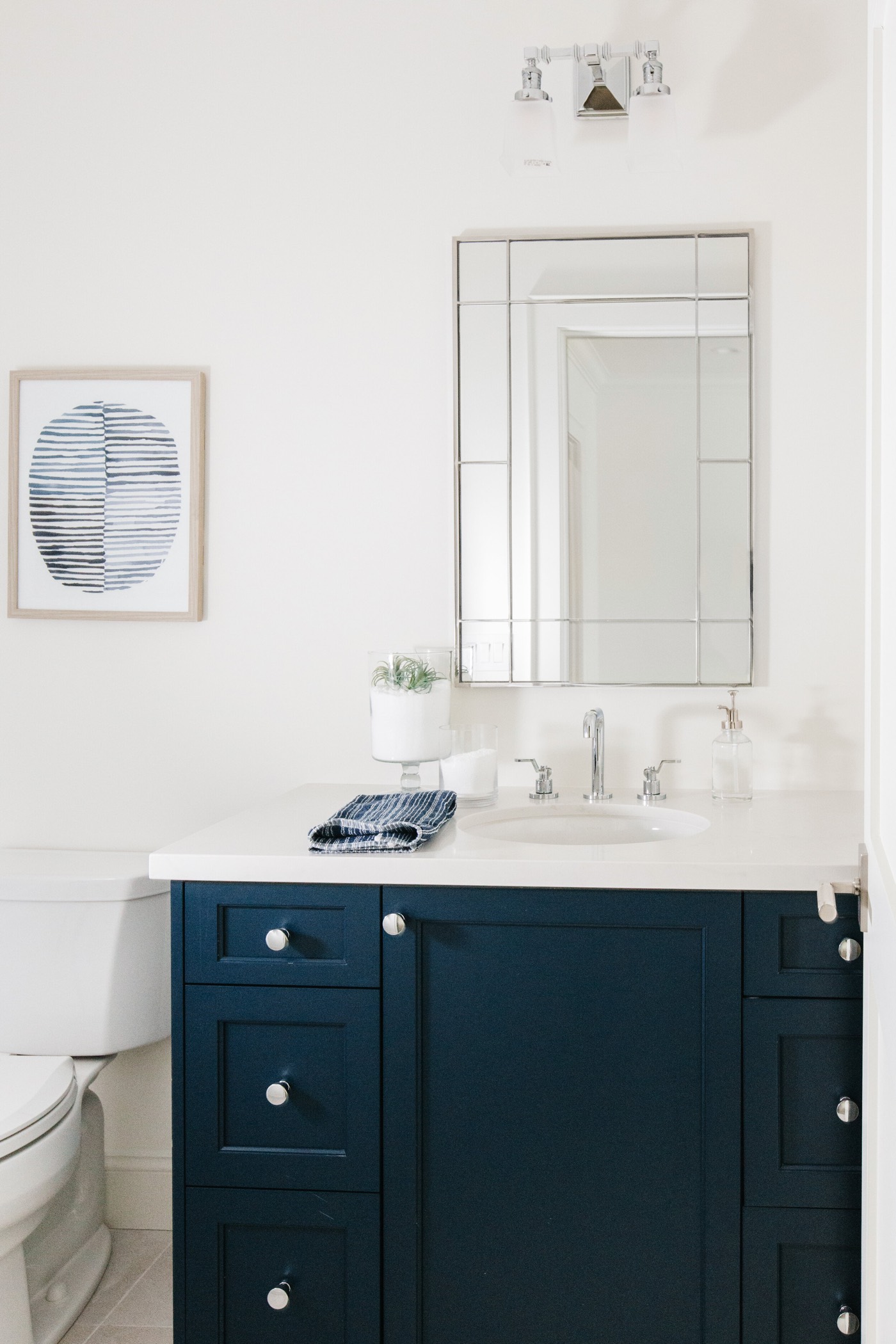 Navy vanity in a powder room
