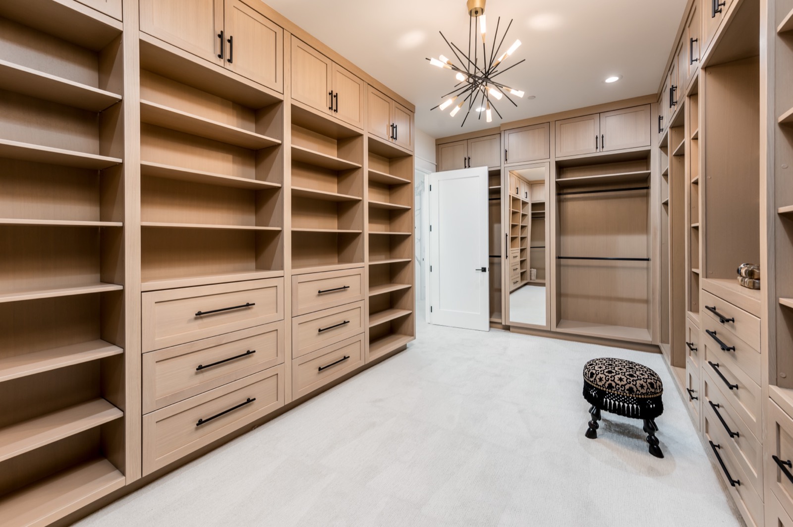 Oak dressing room with a leopard-print chair
