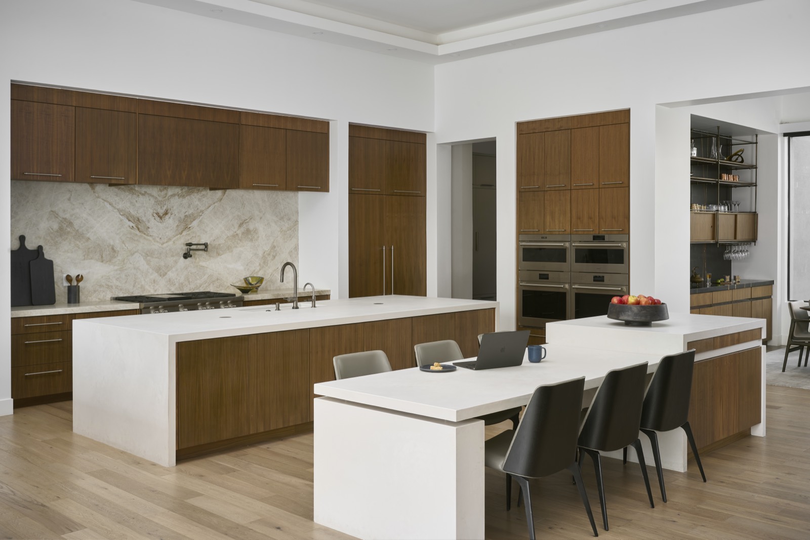 Walnut and white kitchen with a long island