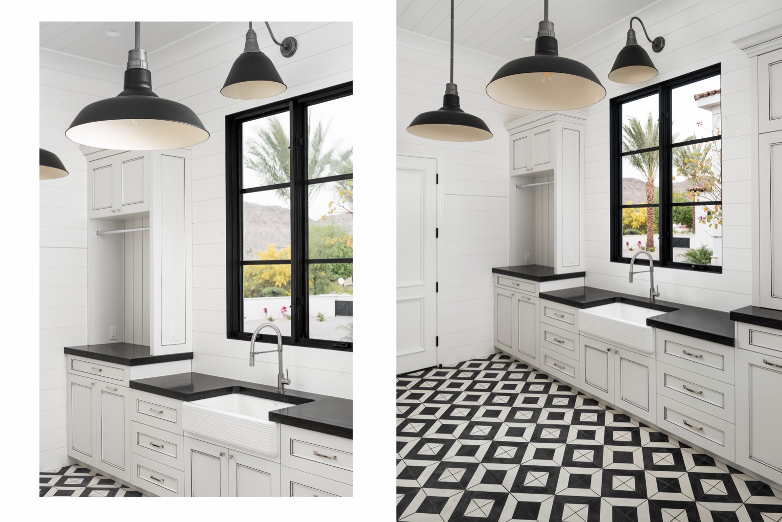 Laundry with white cabinetry and patterned tile